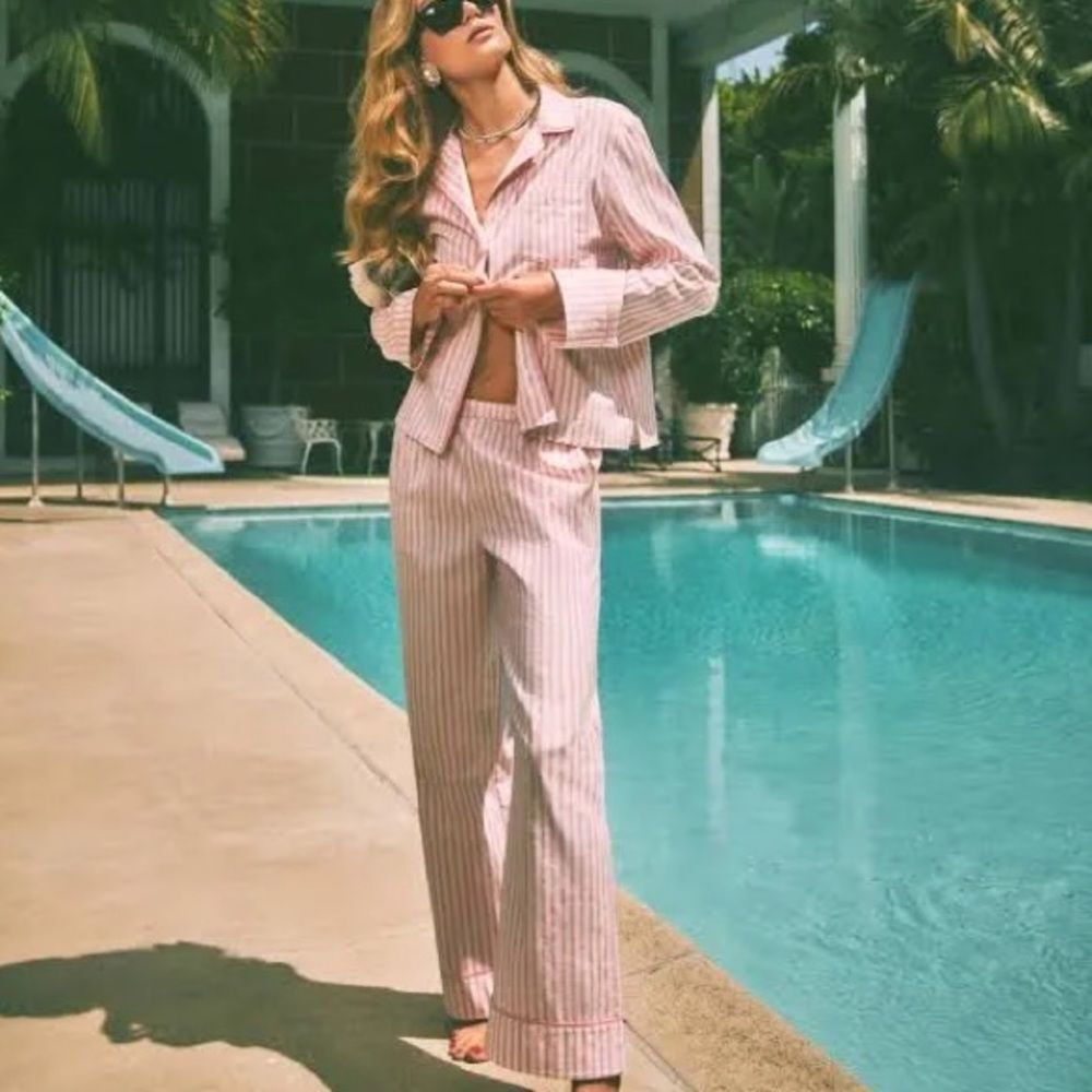 Flaws Reformation Coco Piping Stretch Pink Stripe Organic Cotton Pajamas Medium